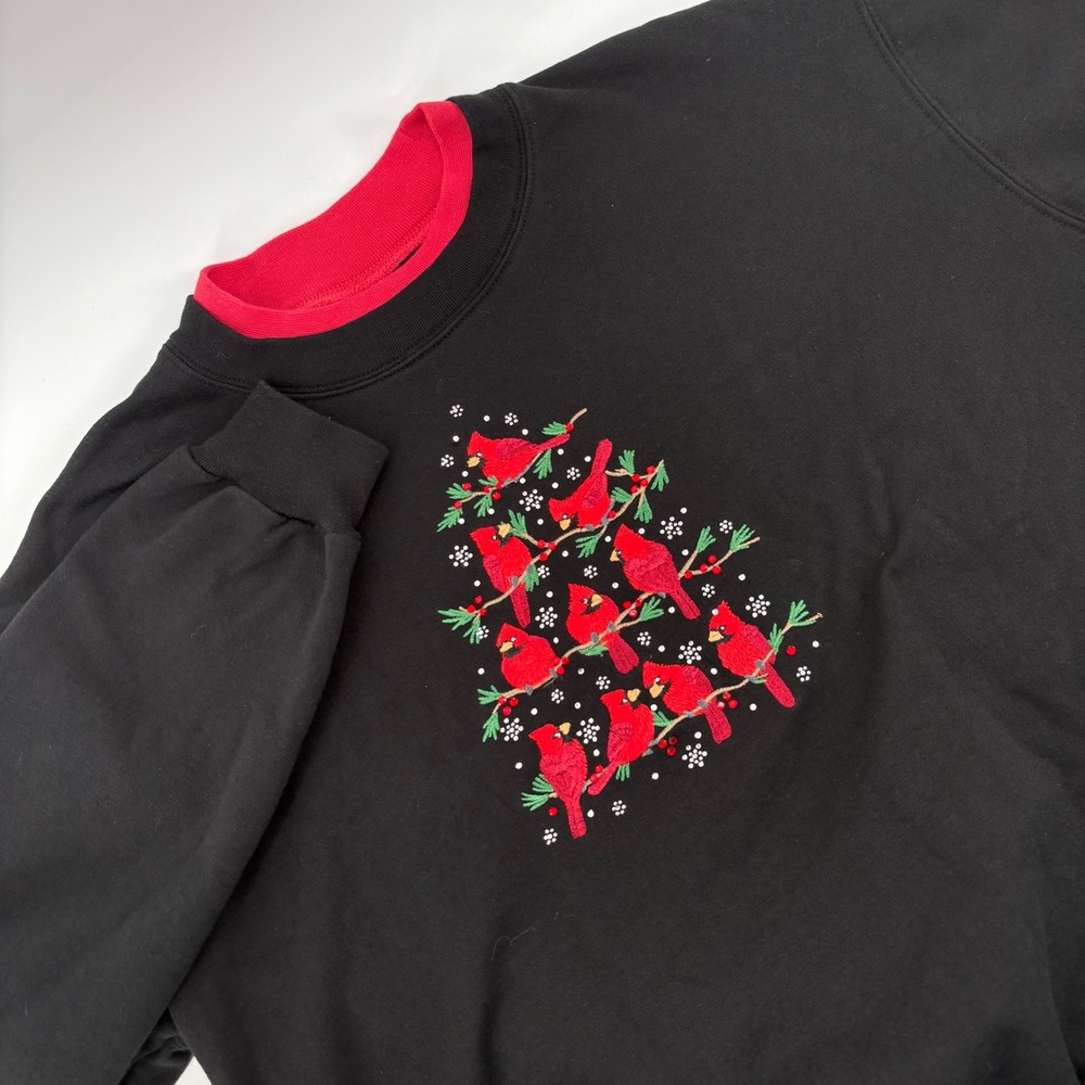 Vtg  Morning‎ Sun Red Cardinal Bird Christmas Tree Black Crewneck Sweatshirt LG